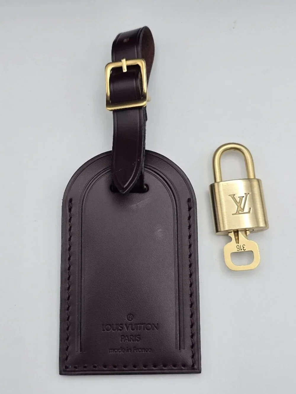 Authentic Louis Vuitton Brown Luggage Tag & Gold Padlock with Key-Made in France